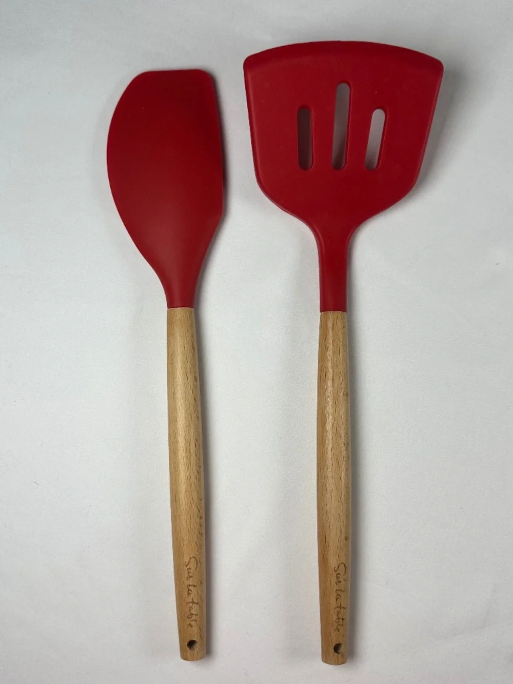 Sur La Table Red Silicone Spatula & Slotted Turner 2 Piece Set Wooden Handles